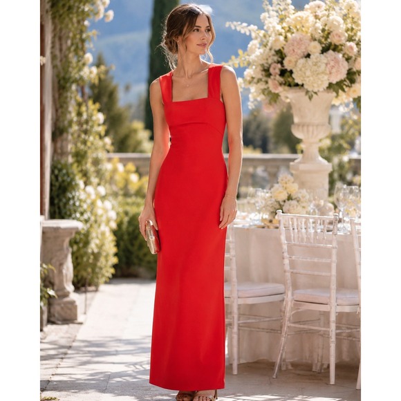 BCBGMaxAzria Dresses & Skirts - BCBGMAXAZRIA‎ Agata Red Square Neck V-Back Maxi Gown Dress Size 4 NEW S2